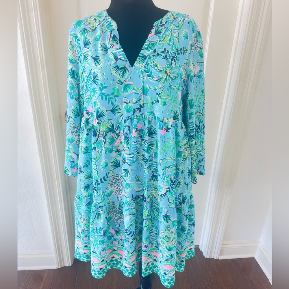 Lilly Pulitzer Sz XL Martine 3/4 Dress, Frenchie Blue Mosaic Shells